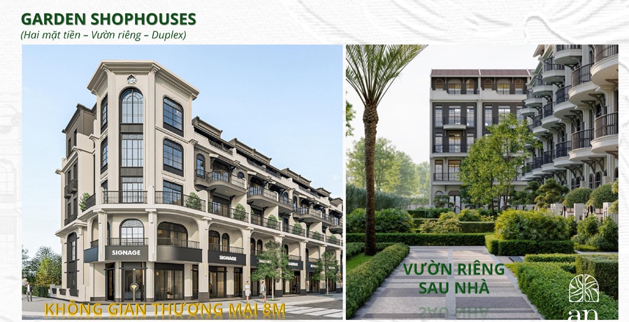 Phong cách thiết kế 2 mặt tiền và DUPLEX dãy shophouse khu Garden